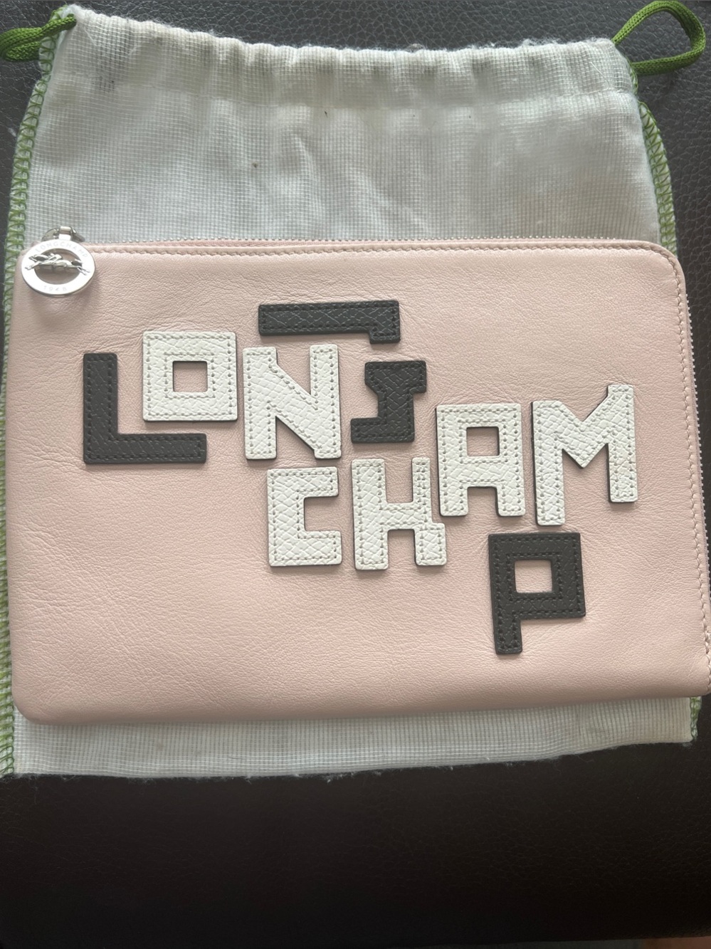 Longchamp Leather Zip Pouch with Debossed Logo Lettering